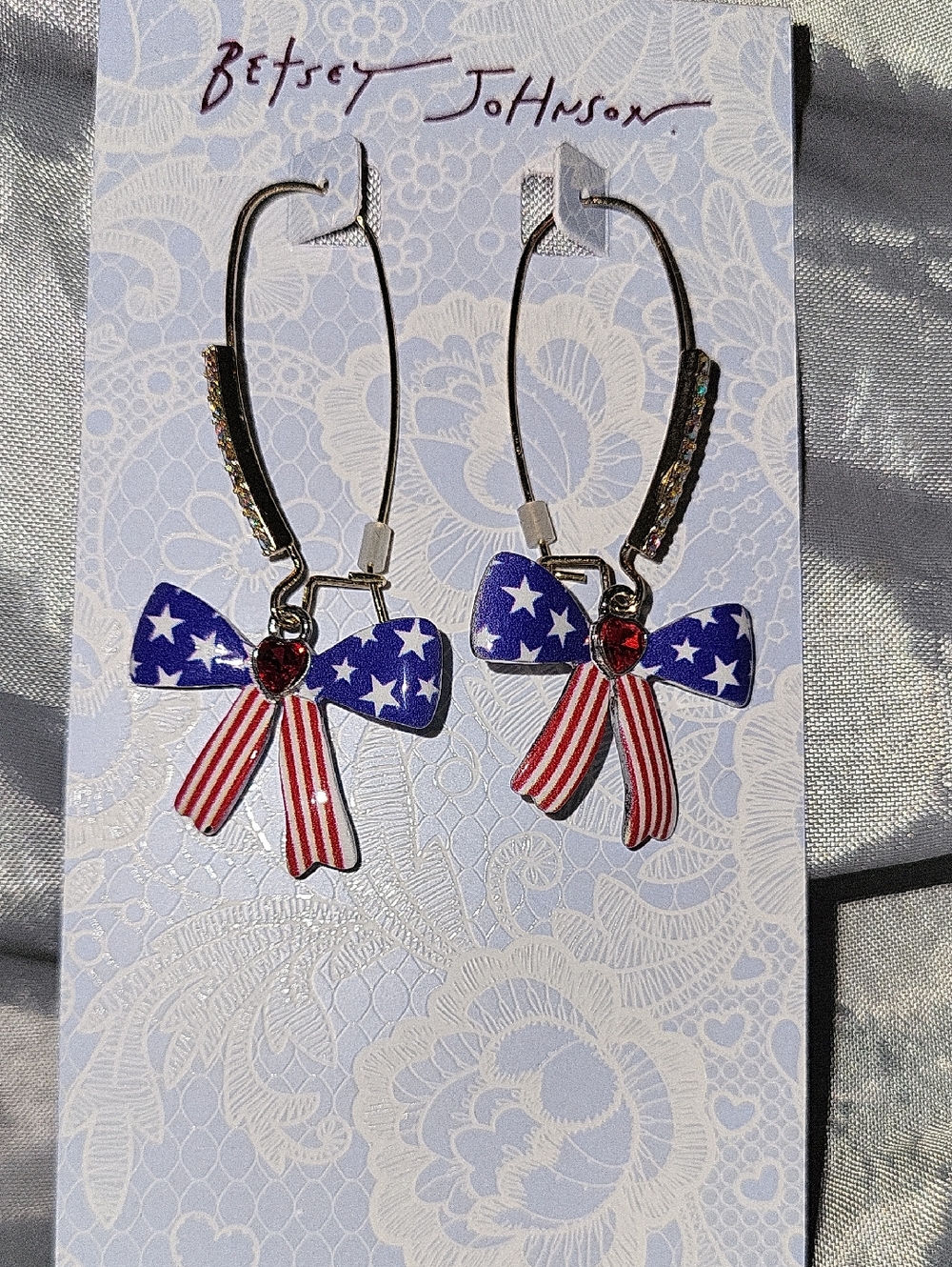 Betsey Johnson Red White Blue Star Bow Dangle Earrings Te Ty LP
